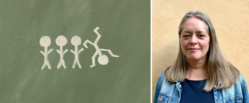 Bild på streckgubbar mot grön griffeltavla där två står upp och en står på huvudet. Porträtt av leende Anna Eklöf i jeansjacka och utsläppt ljust hår mot gul putsad vägg.