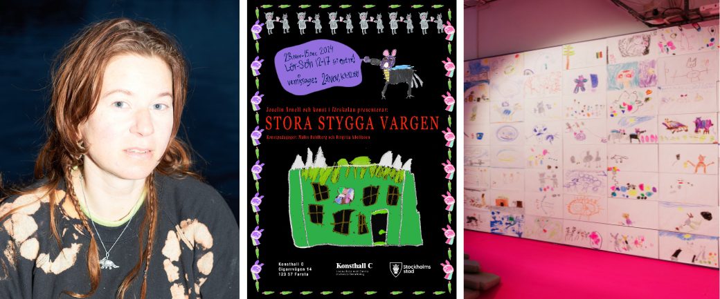 Amsterdambaserade konstnären Josefin Arnell, foto: Lukas Heistinger, en affisch för utställningen samt en vägg med några av barnens totalt 500 illustrationer. 