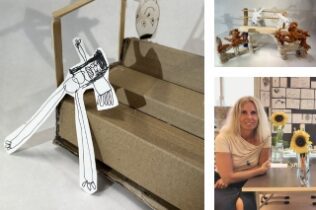 Leende Azarina Kander Birgersson vid bord med solorosor på samt skulpturer och teckningar av barn.