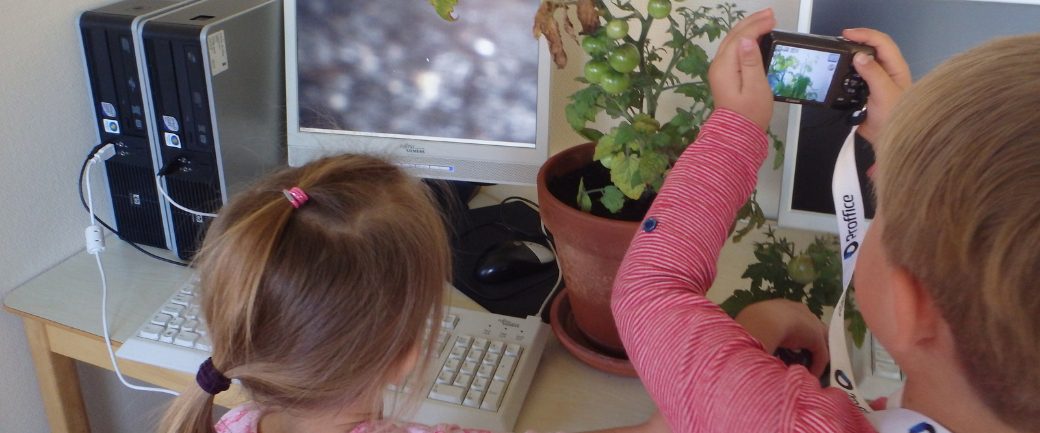 Barn fotograferar en tomatplanta på ett skrivbord framför en dator. 