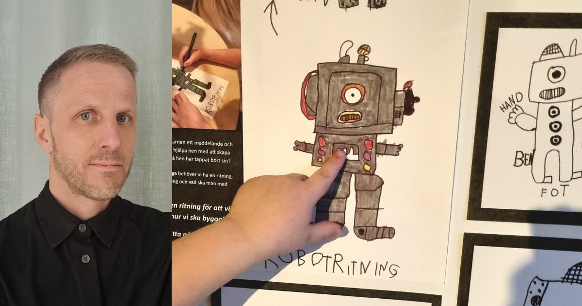 Daniel Bertilsson och dokumentationsvägg med robotteckningar av barn.