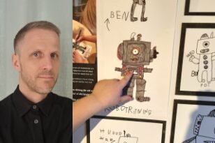 Daniel Bertilsson och dokumentationsvägg med robotteckningar av barn.